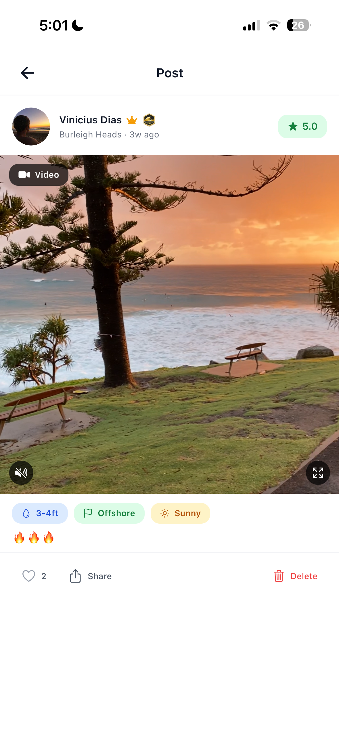 Post detail showing live conditions at Burleigh Heads